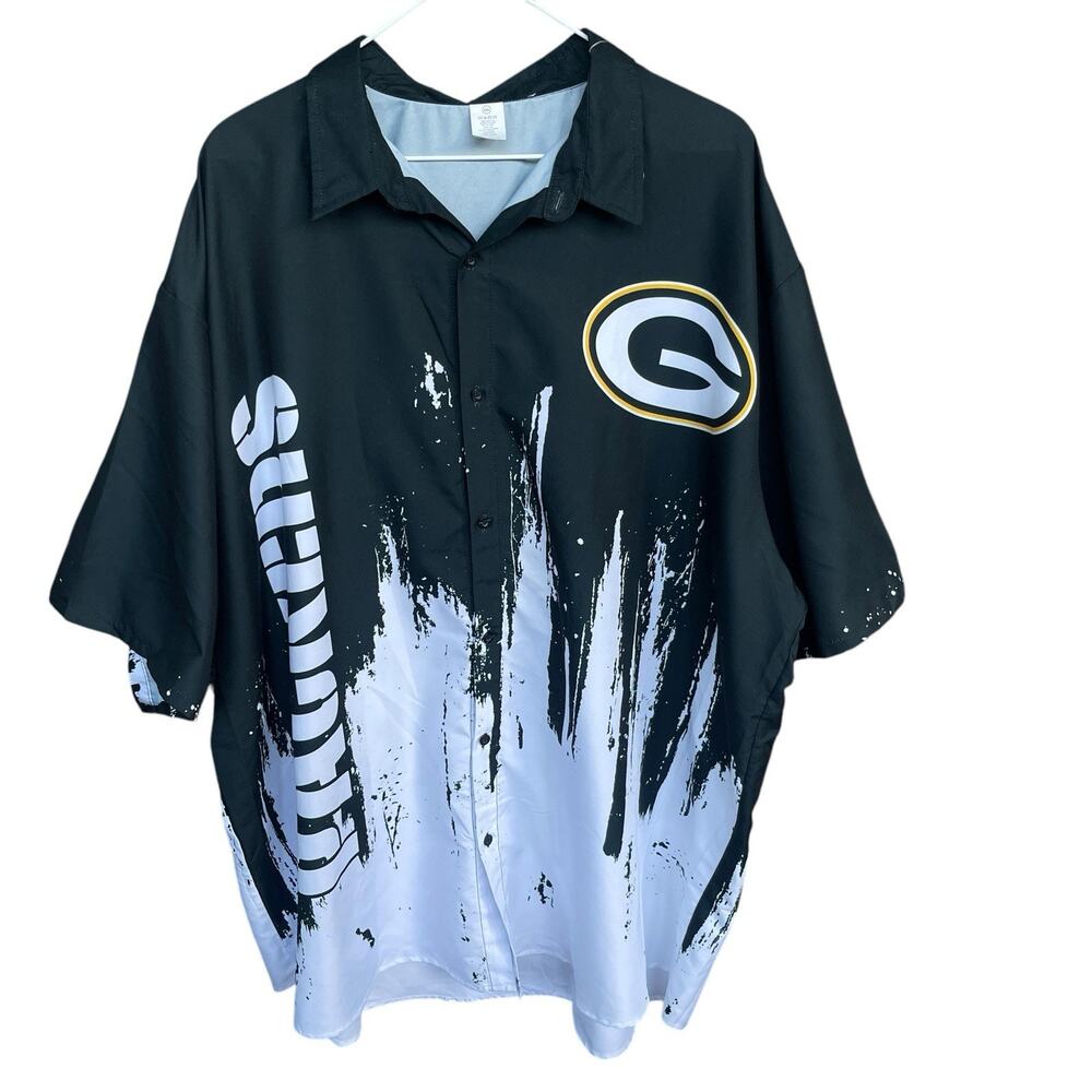Green‎ Bay Packers Mens Button Up Shirt Size 3X Black White Logo NFL Football